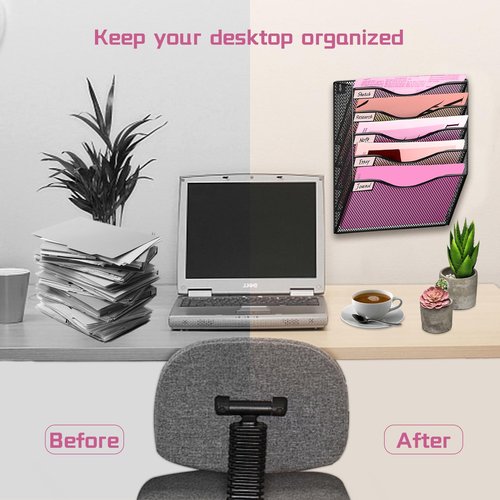 ideallife 5 Pockets Mesh Wall File Holder Organizer Office Hanging File Folder Magazine Rack, Nametag Label Hooks Set Included, Black Large Mesh