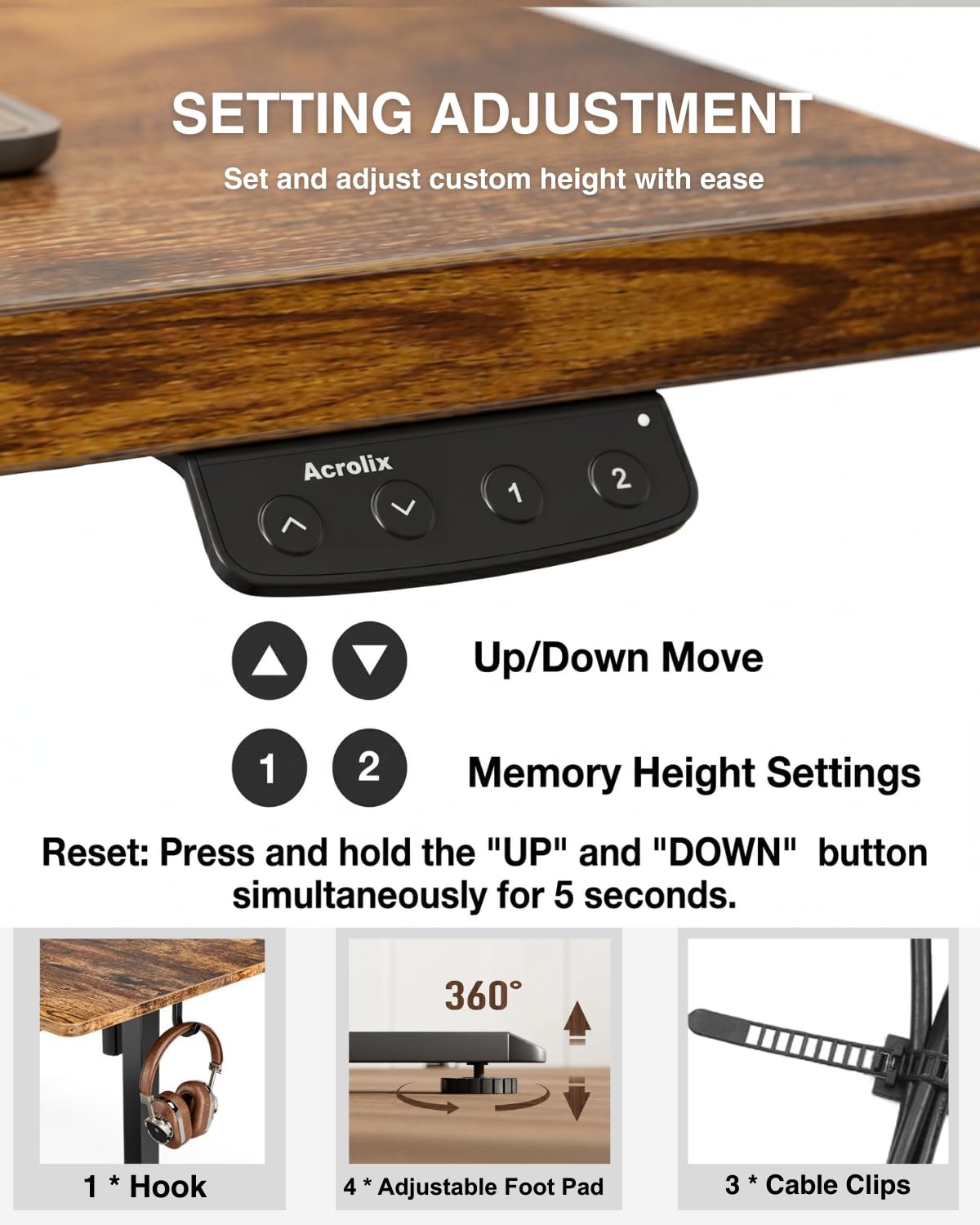 Acrolix Electric Standing Desk, Height Adjustable Home Office Desk with Memory Presets & Cable Management,Rustic Brown Sit Stand Desk for Work from Home, Ergonomic Computer Desk (48" x 24")
