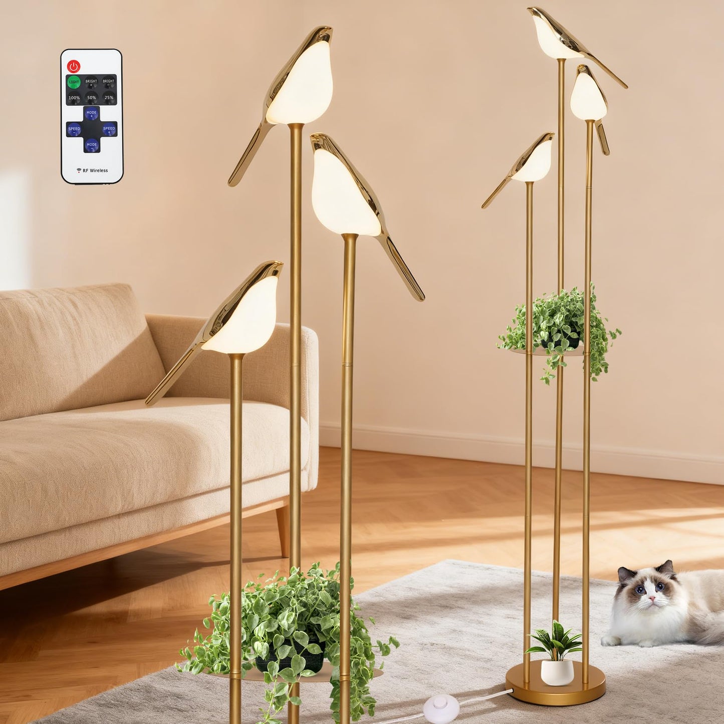 Deerift 𝑼𝒑𝒈𝒓𝒂𝒅𝒆 Unique Gold Floor Lamps for Living Room, with 3 Adjustable LED Bird Lights and Storage Shelf, Brightness Adjustable, Stand up Lamp for Bedroom Kids Room Office