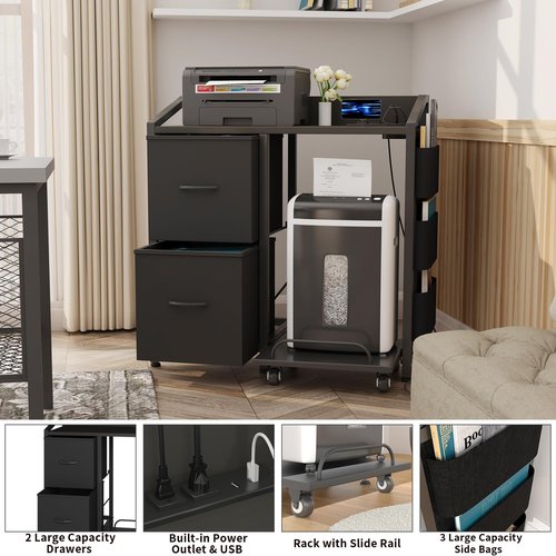 WODRAWER Printer Stand with Storage, Lateral Office Filing Cabinets with Power outlets & USB Charging Port, File Cabinet with Large Printer Stands for Home Office, Shredder Stand Rack w/Wheels, Black