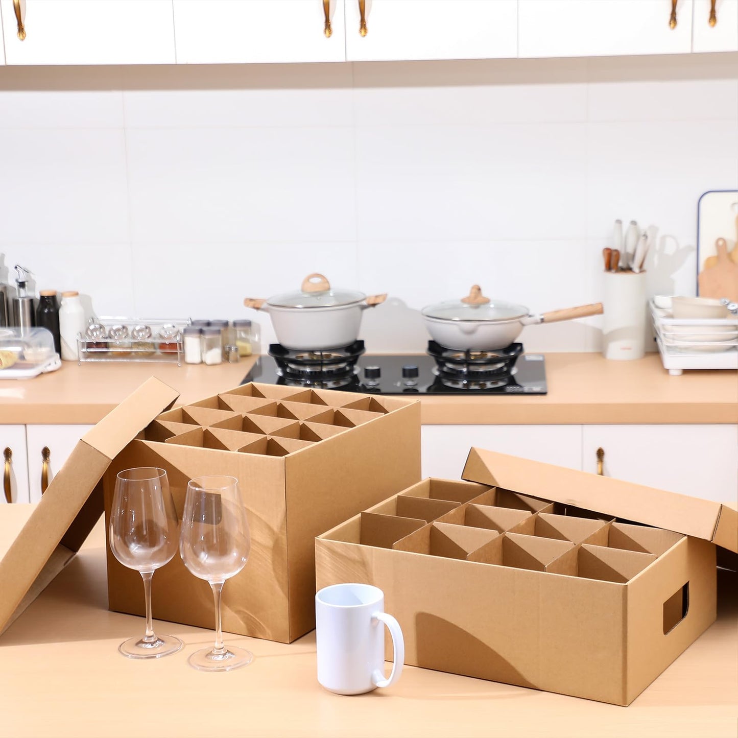 MotiMind 4 Pack Wine Glass Mug Moving Boxes with Divider Kits Included 2 Wine Glass 15 x 12 x 10 Inch and 2 Mug 17 x 13 x 6 Inch Kitchen Moving Boxes with Handle Packing Box for Dish Glassware