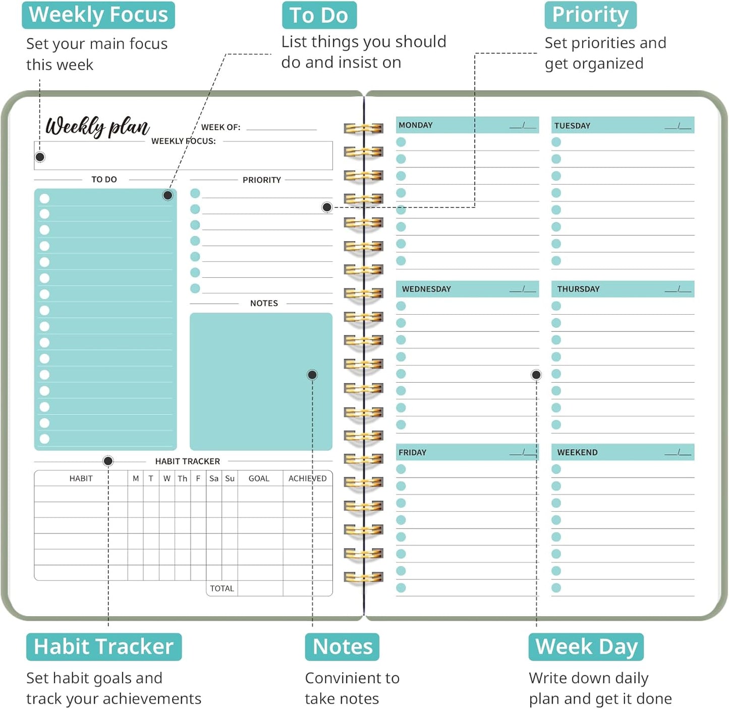 Skiennix Undated Weekly Planner - Stylish Design with Gel Pen Included | Perfect for Organization