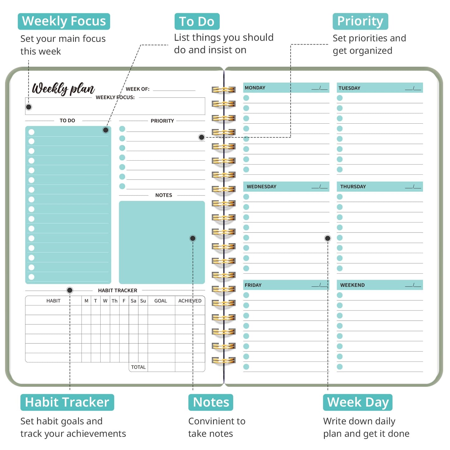 Taja Undated Weekly Planner, Weekly To Do List Notebook with Goal & Habit Tracker Organizer, A5 Weekly Planner Notebook with Spiral Binding, 6.1" x 8.2" - Green