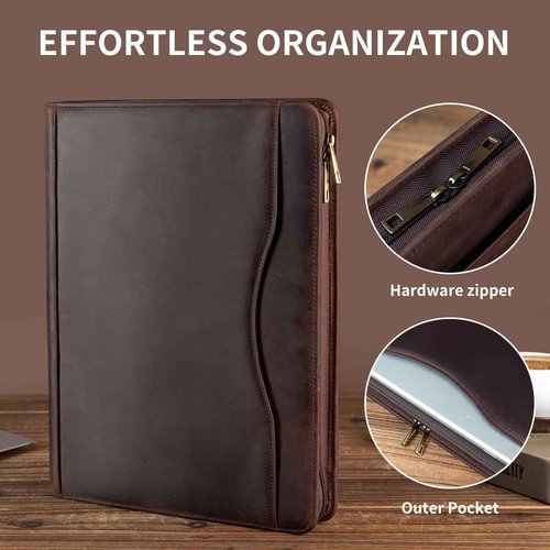 YIWEN Handmade Crazy-Horse Leather 3 Ring Binder Portfolio Padfolio Folder with Zipper for Men and Women, Business Organizer for Letter A4 Size for Meeting and Travel (Non-Custom, Dark Brown)