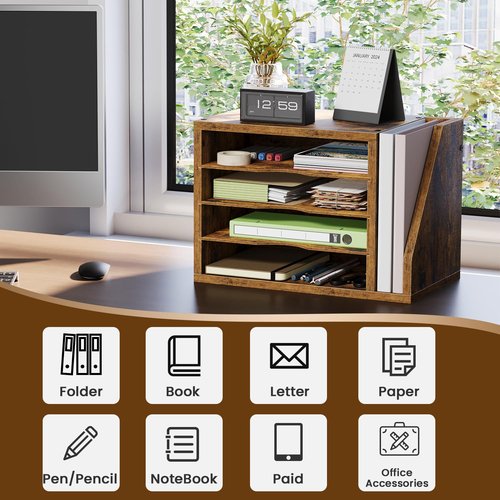 Creso hom File Organizer Desktop, Wood Desk Organizer with 3 Adjustable Shelves, Mail Paper Sorter for Office, Home, File Holders for Envelopes, Mail Supplies or Magazines, Rustic Brown