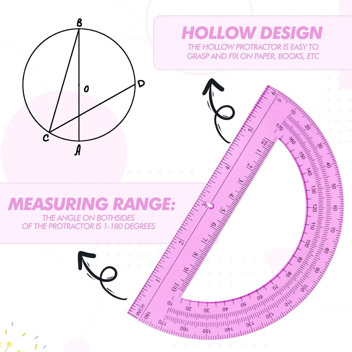 Zonon 12'' Plastic Ruler & 6'' Protractor Set - Clear Math Geometry Supplies for School | Pink