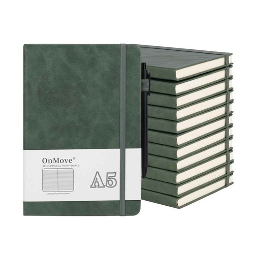 OnMove Notebooks Journal for Women Men 12 Pack Bulk Leather Hardcover with Pen Holder A5 160 Pages 100 GSM Thick Paper for Work School Lined Green