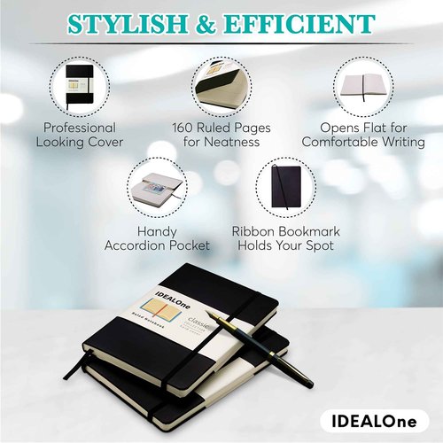 IDEALOne Black 10 pack, Hardcover Leather Journal Notebook Lined–A5(5.7 x 8),College ruled Journaling Notebooks,160 pages,100GSM Paper,Journal for Women,Men, Teens