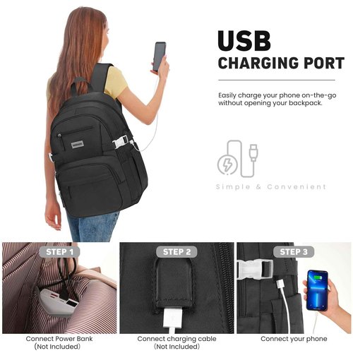 WINDARS Backpack for School Girls, Cute High School Backpacks for Teens Women Student Large Bookbag 15.6 Inch Laptop Bag with USB Charger Port for College Work Travel Trip (Black)