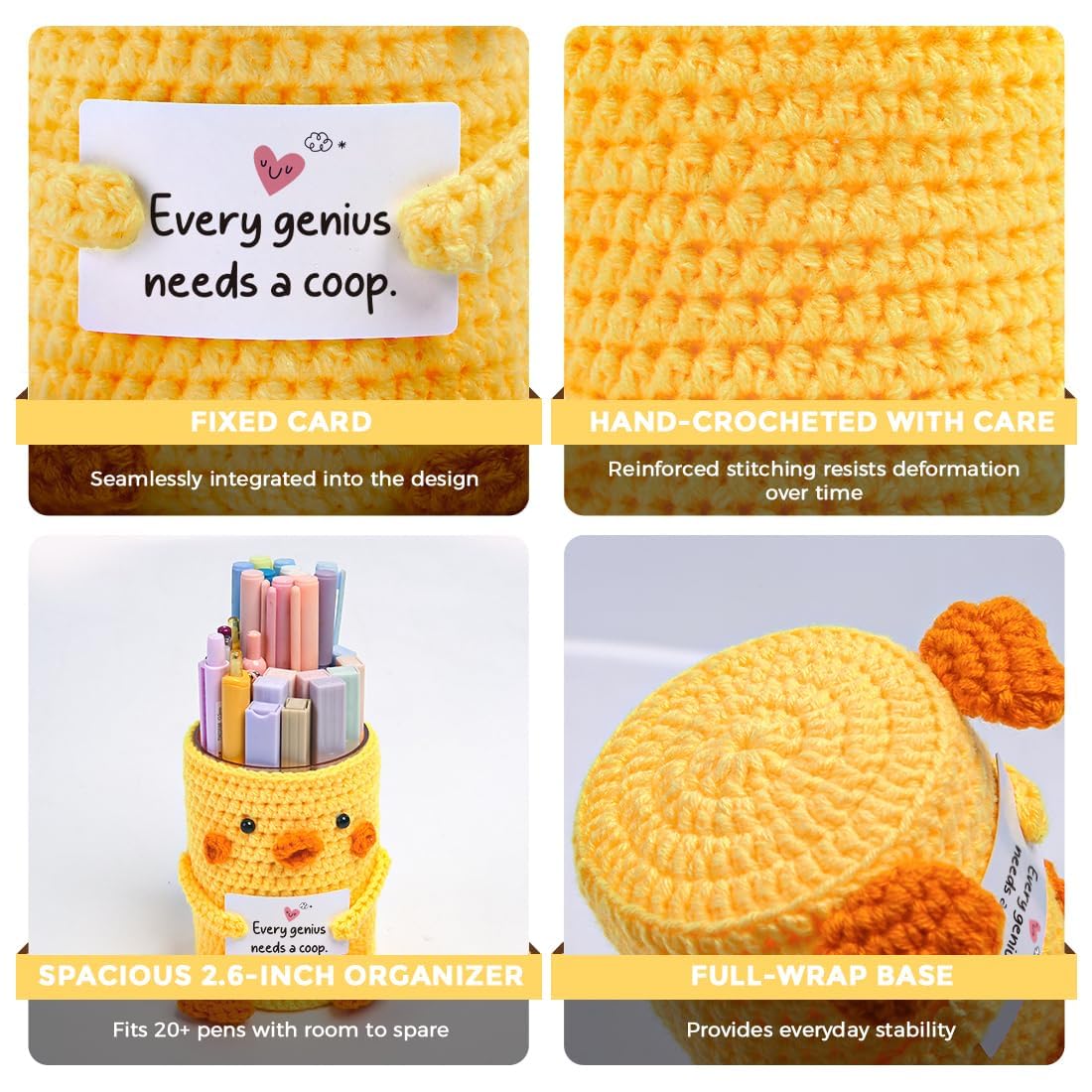 SKYDUE Crocheted Pen & Pencil Holder with Inspirational Card - Handmade Desk Organizer for Office, School, Home - Functional Desk Decor Pen Cup