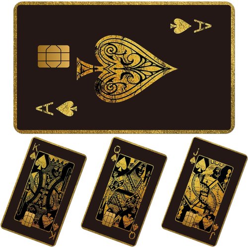 Aposwow Credit Card Skin Stickers - 4 Pcs Playing Cards Debit Card Skin Stickers, Black Gold Poker A K Q J Theme Removable Waterproof Decal Cover Set for DIY Key, Transportation Cards