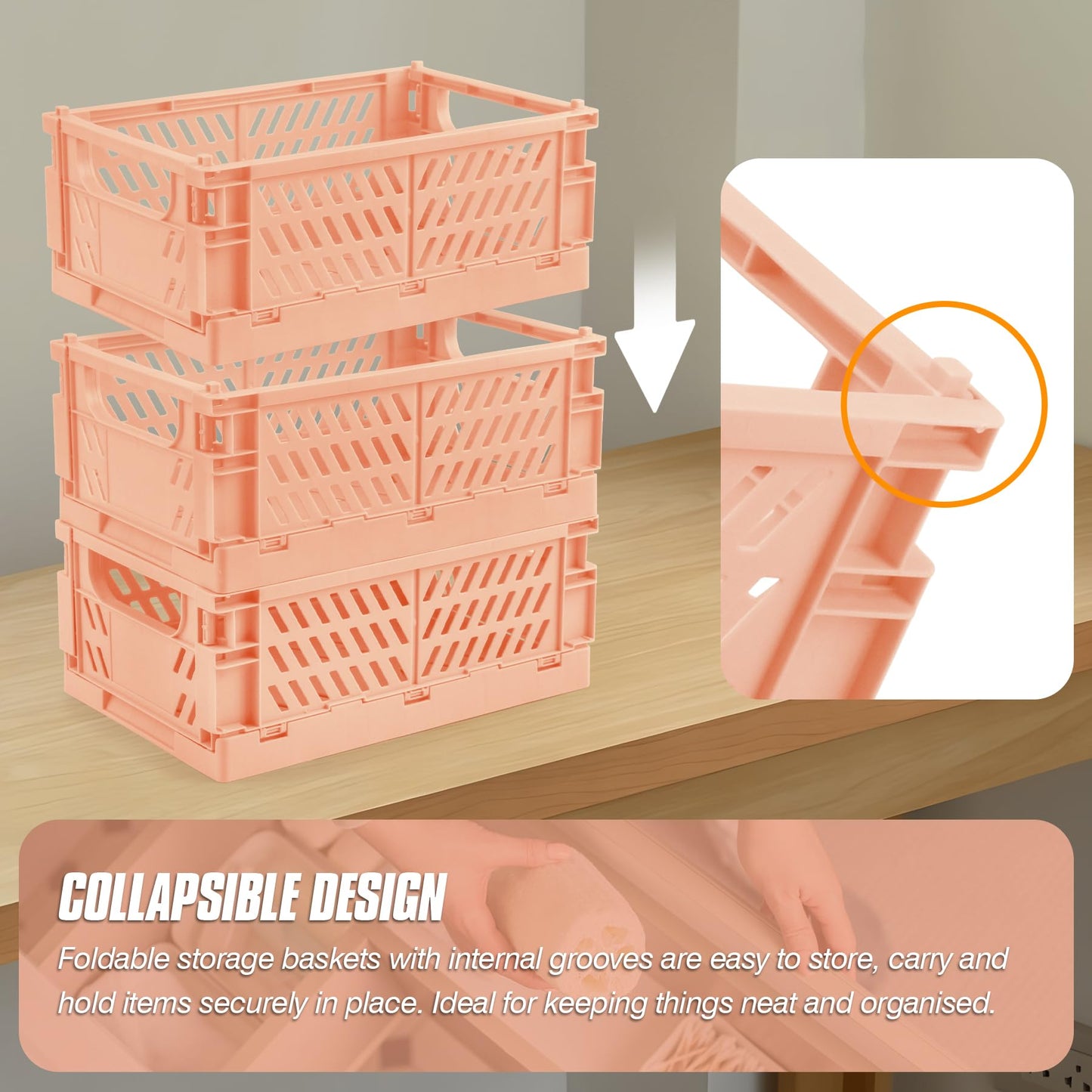 HOYA PONYOO 4 Pcs Collapsible Storage Crates, 10x5.9x4 inches Space-Saving Folding Containers, Stackable Plastic Boxes for Home Kitchen Office Bedroom Bathroom, Light Orange