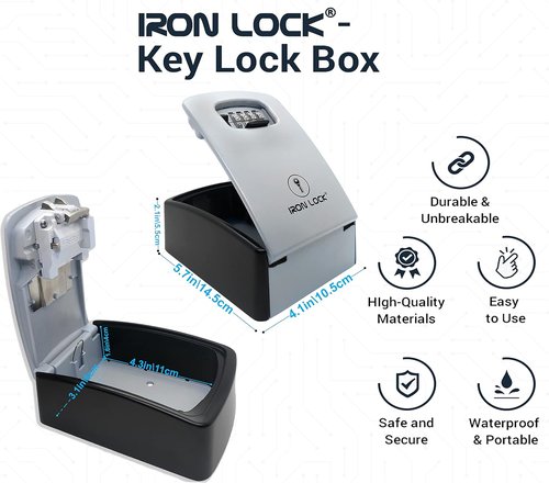 Iron Lock® Key Lock Box XXL - Waterproof Outdoor Key Safe with Heavy-Duty Metal & 4-Digit Combo | Extra Large Grey