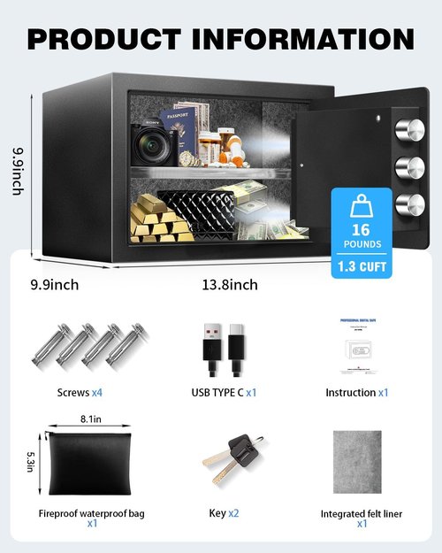 Skiennix 1.3 Cu Ft Home Safe Box - Steel Electronic Lock with USB-C Emergency Unlock & Fireproof Bag - Fits A4 Documents