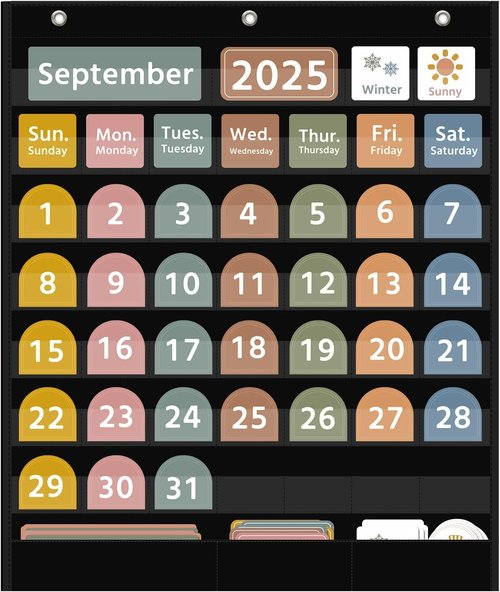 Regeleto Large Boho Calendar Pocket Chart - 96 Cards for Classroom Learning | 32.25 x 24.125 Inch Black Design