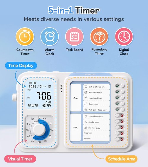 Skiennix 3-in-1 Visual Timer - ADHD Tool for Kids & Adults | Task Timer with Chore Chart & Daily Checklist