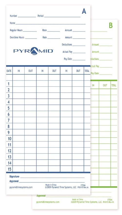 Pyramid Time Systems - Authentic Time Cards (42415MB) for Pyramid Models 2500, 2500K1, 2600 and 2650 Aligning Time Clocks, Double Sided Time Sheets (3.38 x 7.44 In) - 1000 Time Cards - Blue/Green