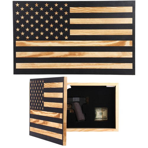 Hidden Gun Storage American Flag - Concealment Gun Safes for Valuables, Guns, Jewelry, Cash/Solid Wood Construction（Lockable）