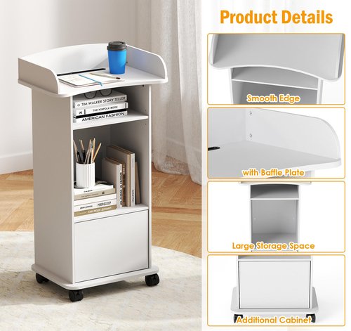 Podium Stand Portable,Mobile Pulpit Podium with Lockable Wheels,Wooden Hostess Stand Reception Desk with Adjustable Shelf and Storage Cabinet for Churches Conference School