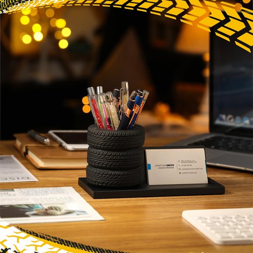 Eersida Tire Shape Stationery Set Car Sales Gift Business Card Holder Automotive Desk Organizer Business Card Holder Desk for Office Mechanics Car Lovers(Black,7.5 Inch)