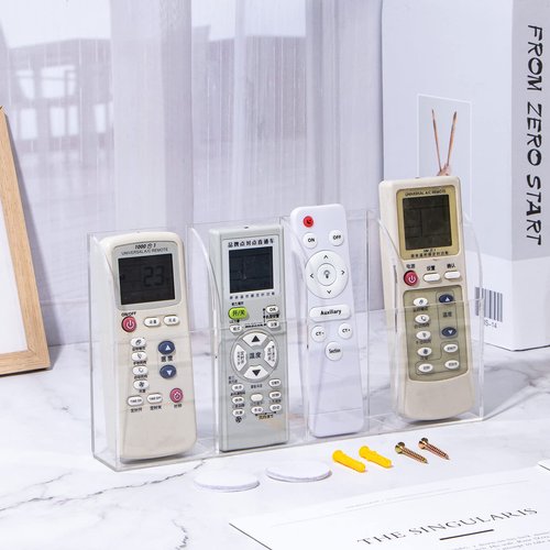 Yeeco Acrylic Remote Holder Wall Mount - 4 Compartment, Clear Acrylic Remote Control Holder, 10.4''1.6''5.6'' Wall Pen Holder, Pen & Makeup Key Organizer
