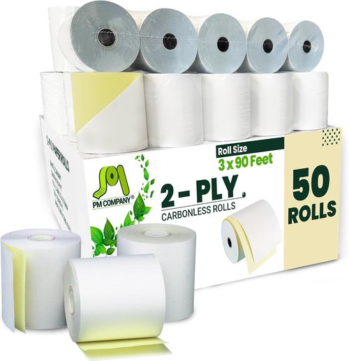 PM Company 2 Ply Cash Register Rolls - 3 Inches X 90 Feet, White/Canary, 50 Rolls per Carton