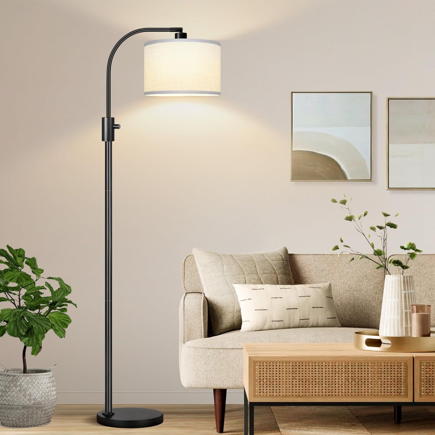 Nintiue Upgraded Modern Arc Dimmable Tall Standing Floor Lamp with White Shade, 1200 Lumens LED Bulb Included, for Living & Reading Room, Bedroom, Office & Nursery, Black