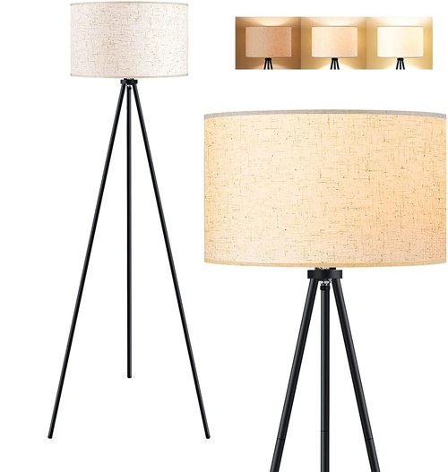 BoostArea Tripod Floor Lamp, 15W LED Bulb, 3 Levels Dimmable Brightness, Linen Shade, Mid Century Standing Lamp for Living Room, Bedroom, Study Room and Office