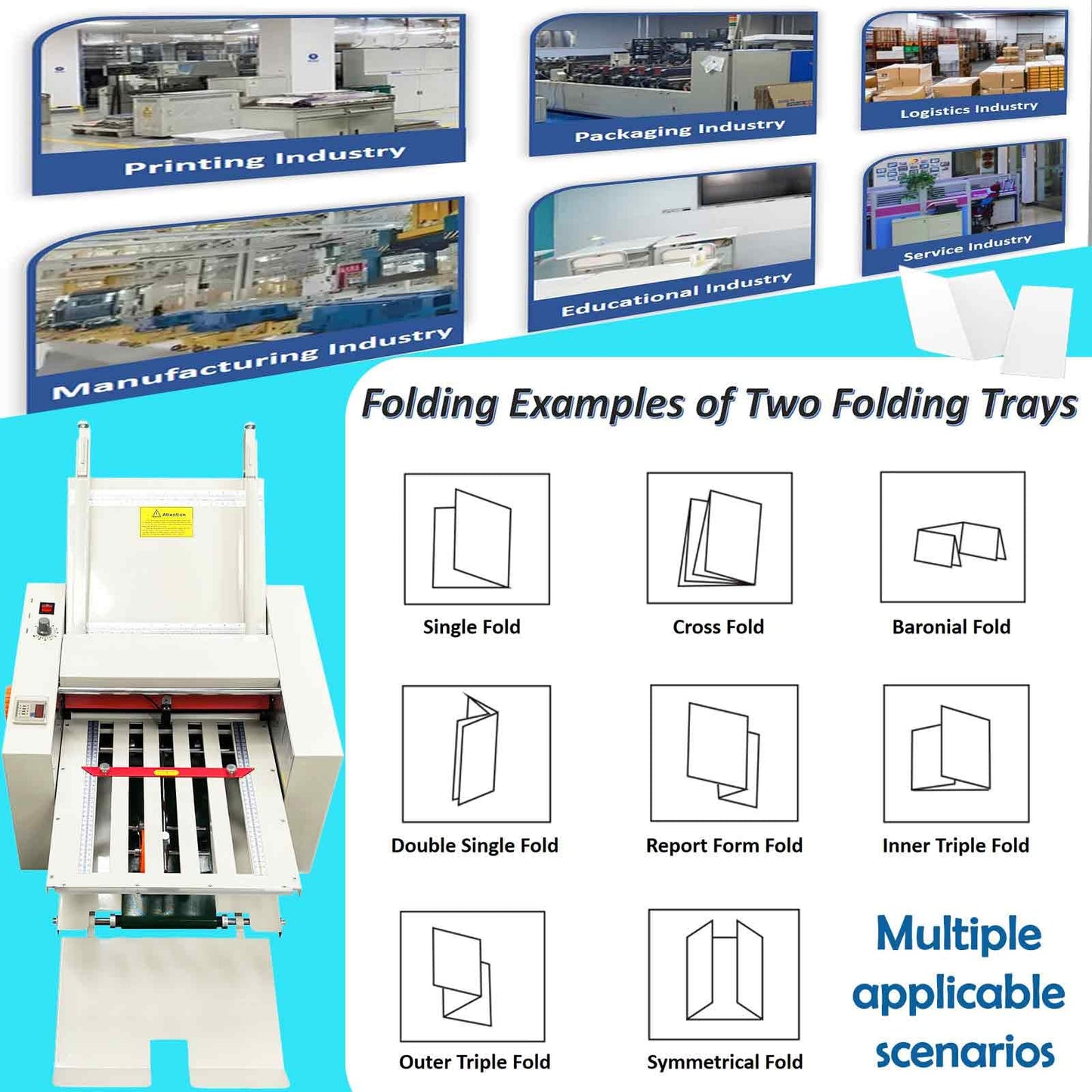 BEILOCKERY Automatic Paper Folding Machine, Electric Paper Folder with 2 Trays, Fold Sizes 2x3in to 12x27in, Adjustable Speed Max 262ft/min, for Folding Manuals Document Business Letters 110V
