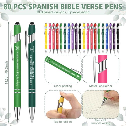 Chiisong 80 Sets Spanish Christian Gifts Bulk for Church Bible Verse Pens with Bookmarks Back to School Regalos Cristianos En Español for Religious Church Teachers