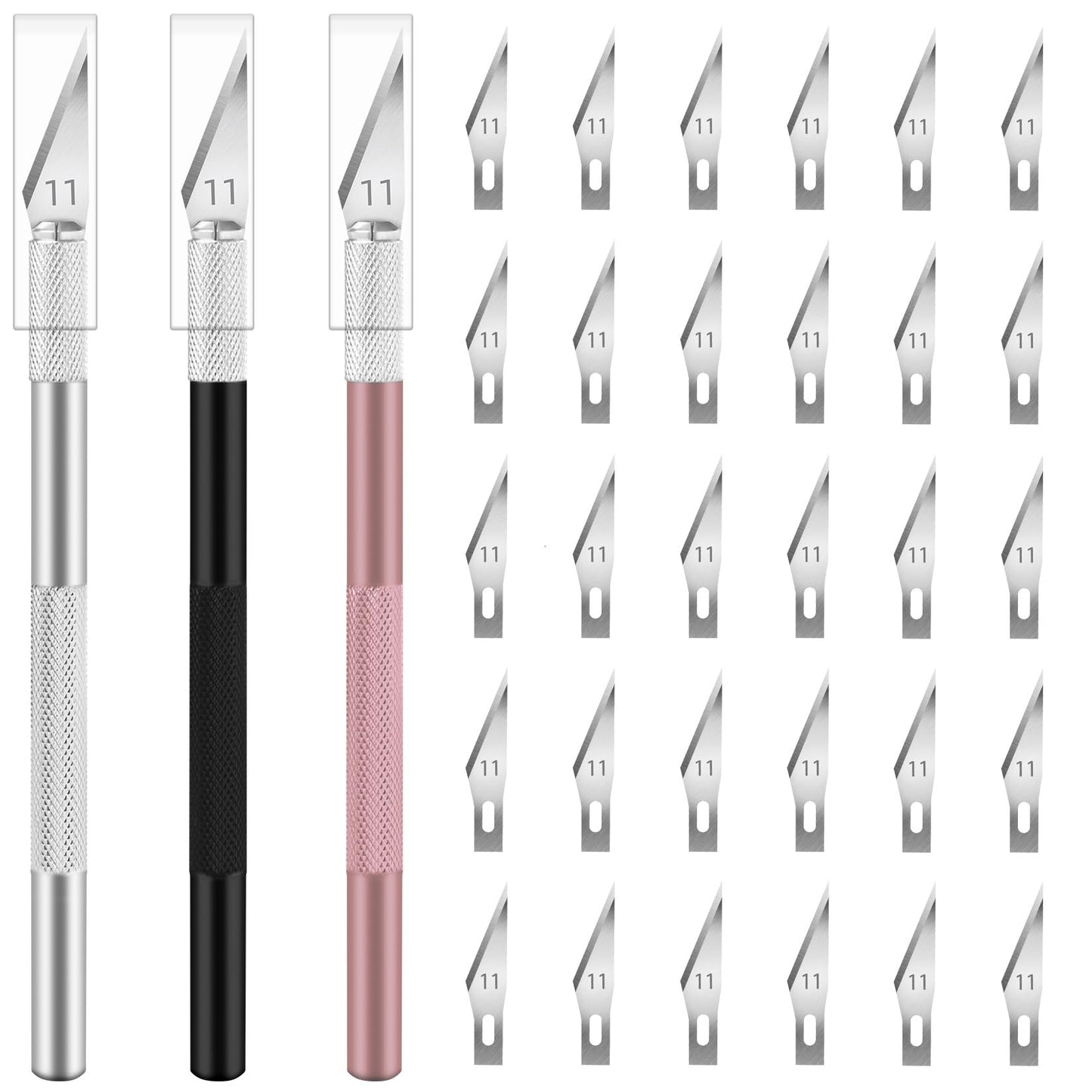 JETMORE Exacto Knife, 3 Exacto Knives with 30 Exacto Blades #11, Exacto Knife Set for Crafting, Craft Knife, Hobby Knife for Scrapbooking, Modeling, Stencil (Black-Silver-Pink)