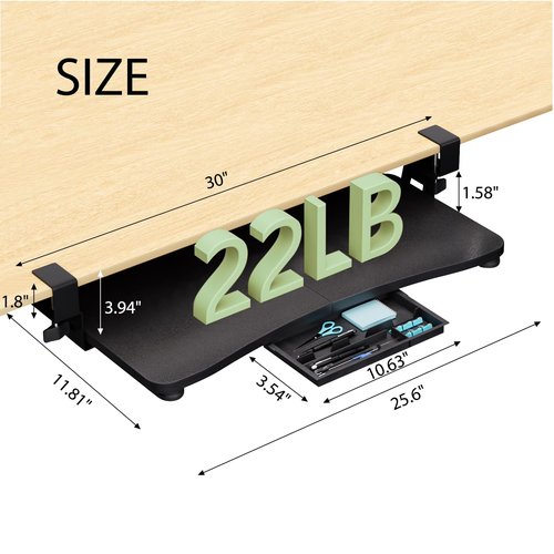 CALASK Desktop Keyboard Tray, Under Desk Pull Out,25.59" X 11.81" Large Size Radian Keyboard Tray with C-Clip Mount, Easy Installation, Computer Keyboard Stand, for Home Study and Office(Black)
