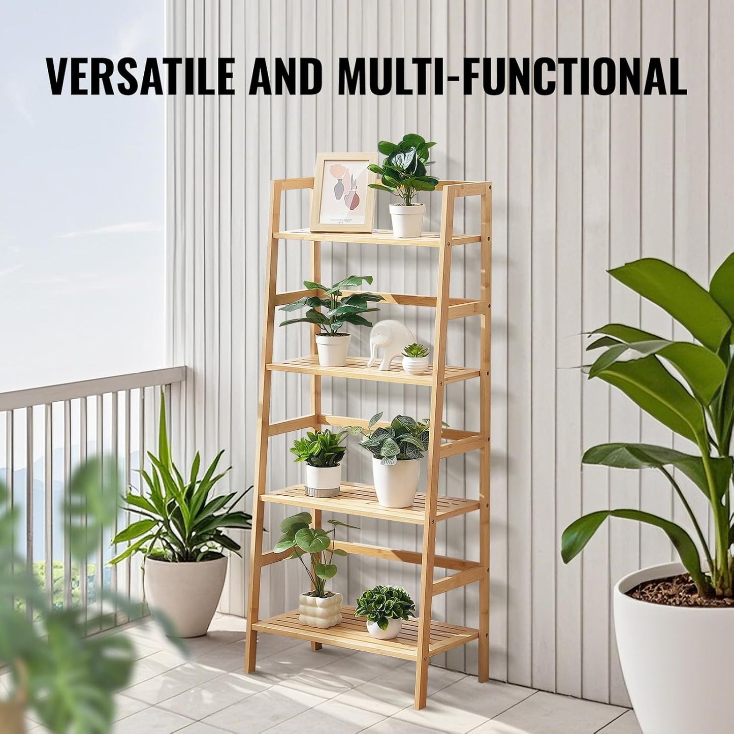 VEVOR 4-Tier Bamboo Ladder Shelf - Stylish Trapezoid Bookcase & Plant Stand | Natural Wood Finish