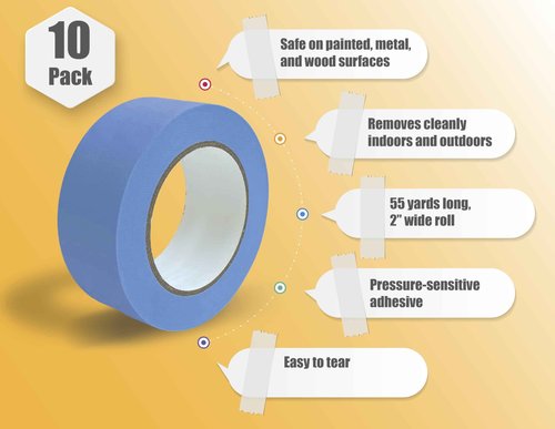 Better Office Products Blue Painters Tape, 2 Inch x 55 Yards, Bulk 10 Pack, Adhesive Painting Tape, Bulk Pack General Purpose Masking Tape, 10 Rolls x 55 Yards, 550 Total Yards