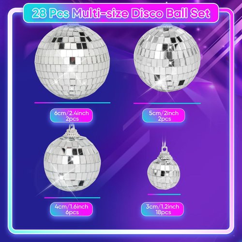 Mini Mirror Disco Ball Ornaments: Hanging Disco Ball Silver Party Decorations Set 28 Pack - Small Mirror Balls Decor for Wedding Christmas Birthday Cake Topper (1.2/1.6/2/2.4 Inch)