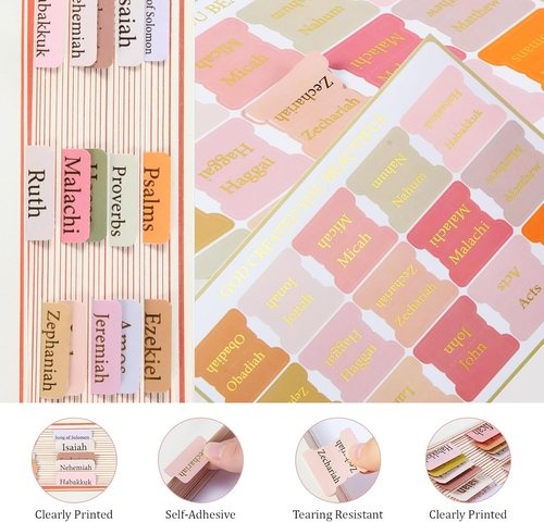 ERENOU Bible Tabs - Gold Foil Embossed Lettering | 75 Easy-to-Read Index Tabs for Bible Study