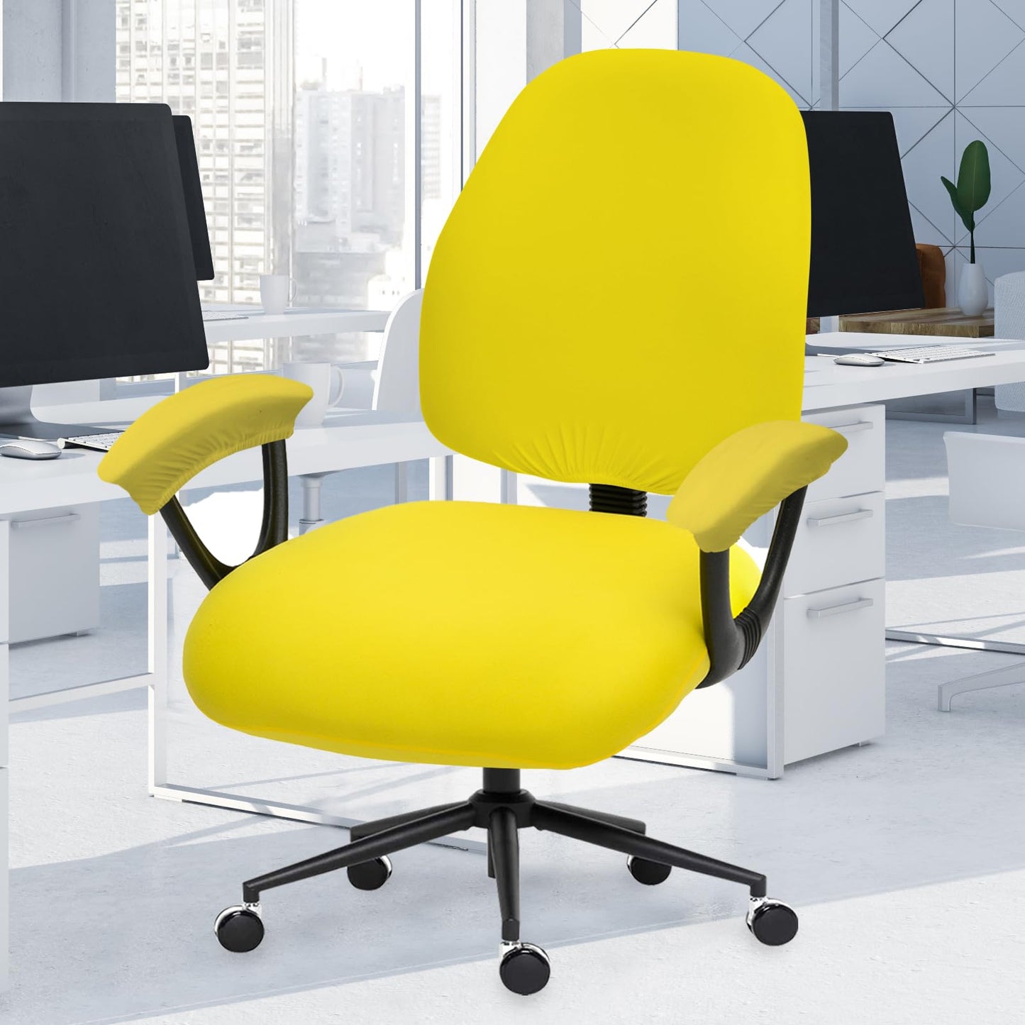 Stretchable Split Office Chair Seat Covers - Universal Stretch Computer Chair Slipcover - Washable Rotating Backrest Coverings & Cushion Protectors & Armrest Covers for Dogs, Cats, Pets, Yellow