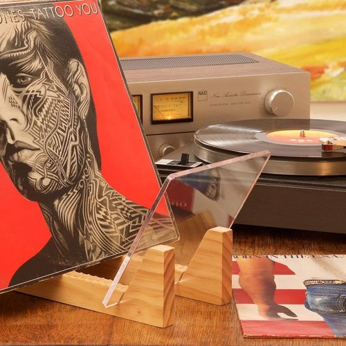 KAIU Vinyl Record Storage Holder - Premium Solid Wood & Acrylic Design | Holds Up to 50 Albums (Clear)