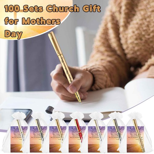 Tellingyou 100 Sets Mother's Day Church Gifts Bulk Included Happy Mother's Day Pens Inspirational Religious Cards Bible Verse Cards and Organza Bags for Women Church Members Christian Gift, 5 Colors
