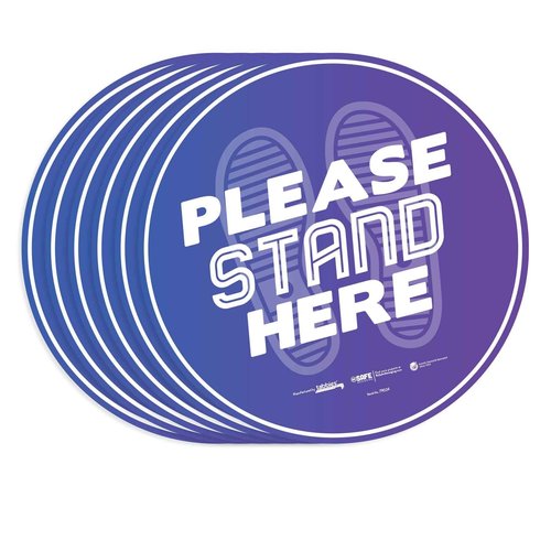 tabbies BeSafe Messaging"Please Stand Here" Purple, 6 Pack - 12" Round, Repositionable Vinyl UL 410 Certified Anti-Slip Floor Sign, Commercial, Restaurant Footprint Decals (6 Pack) (79024)