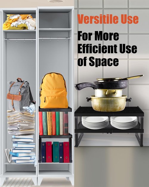 Piffny Adjustable Lokcer/Cabinet Organizer Shelf， Adjustable Width and Height, Ideal Locker for School, Office, and Gym Lockers… (Black 2 Pack New Version)
