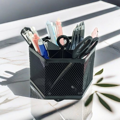 SETTFRFE Hexagon 360° Rotating Pen Organizer for Desk,6 Compartments Mesh Pencil Holder,Desktop Caddy Organizer,Black.