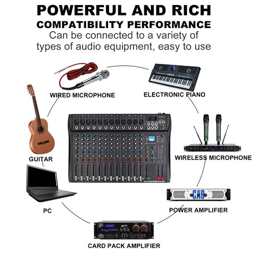 Depusheng DT12 Studio Audio Mixer 12-Channel DJ Sound Controller Interface w/USB Drive for Computer Recording Input, XLR Microphone Jack, 48V Power, RCA Input/Output for Professional and Beginners