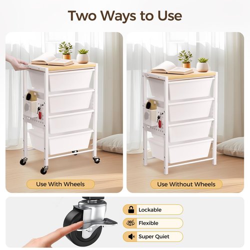 Rolling Cart with 4 Drawers, Plastic Drawer Storage Carts with Lockable Wheels & Wooden Tabletop, Metal Utility Cart with Pegboards, Office Living Room Classroom Craft Organization and Storage, White