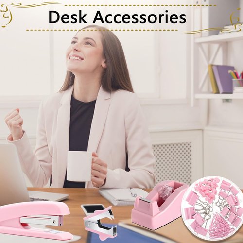 Office Supplies Set,Desk Accessories,Stapler and Tape Dispenser Set,1000 Staples,Staple Remover,Hinder Clips,Scissor,Index Tabs,Clear Tape,Ballpoint Pen,Gifts for Colleagues(Pink)