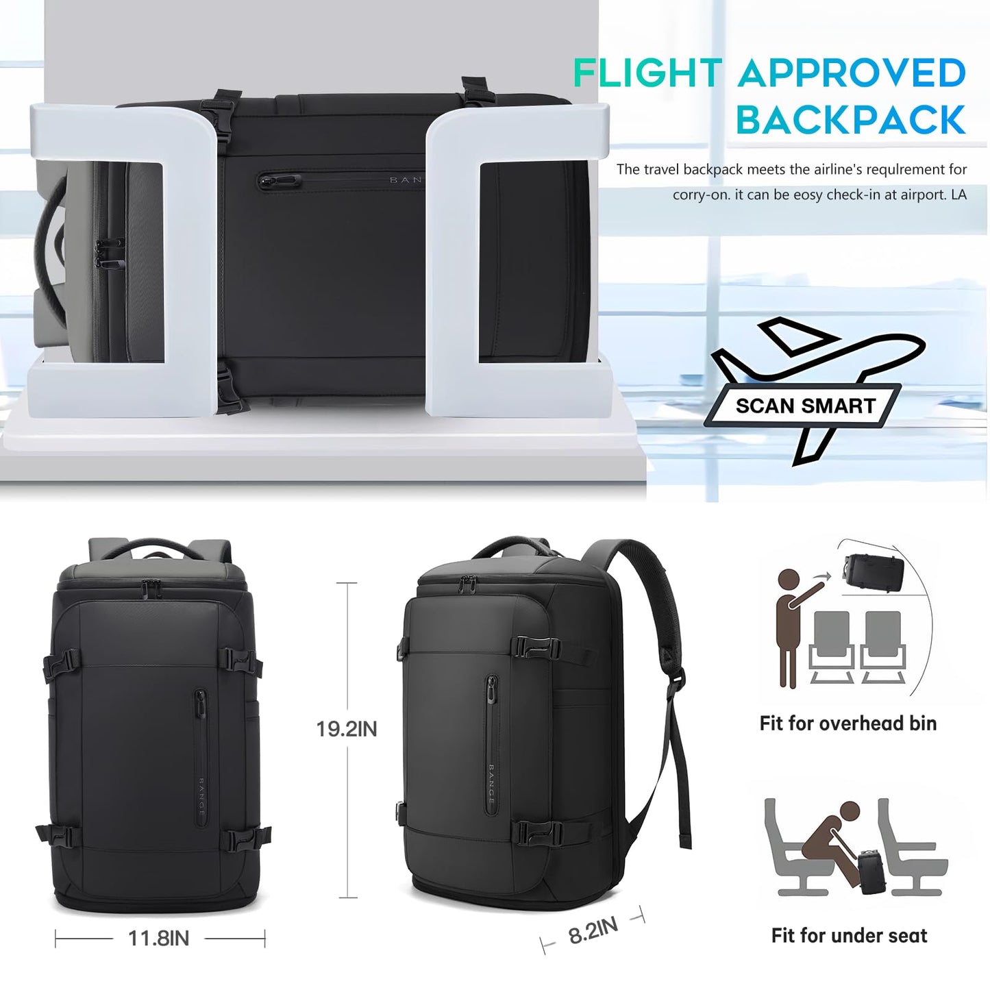 BANGE 40L Travel Backpack with Shoe Compartment, Large Capacity Weekender Bag Daypack Fits 17.3 Inch Laptop, Carry-on Luggage Backpack with Water Bottle Holder for Traveling, Hiking, Business