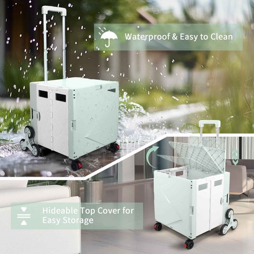 76L Folding Utility Cart Portable Rolling Crate Handcart Shopping Collapsible Tool Box with Stair Climbing Wheels,Hidden Lid,2 Rotate Wheels,for Grocery,Shopping,Office,Storage(Green White)