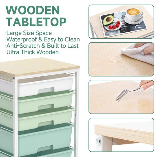 Craft cart,Rolling Cart with Drawers,Storage Cart with 5 Drawers and Wooden Tabletop for Under Desk Organizers and Storage,Green