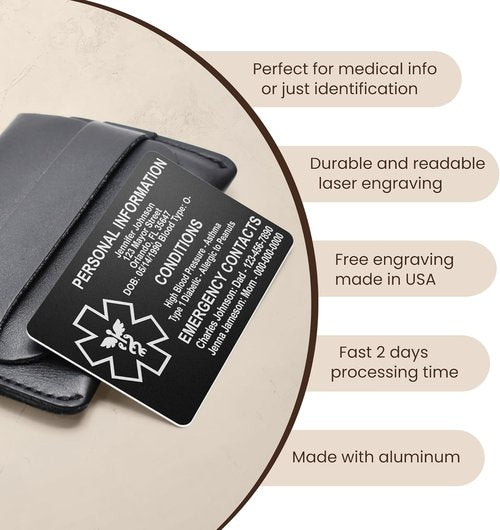 Custom Medical ID Card - Personalized Aluminum-Free Engraving | Emergency Contact & Allergy Alert