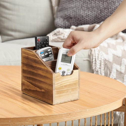 BWODYAY Remote Control Holder, TV Remote Holder, Wood Farmhouse Remote Caddy for Table, Remote Organizer Caddy with 3 Slots, Remote Storage Box for Home Office, Burnt Wood